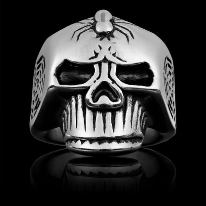 Stainless Steel Skull With Spider And Web Accents Ring