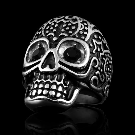 Black CZ Eyed Detailed Skull Stainless Steel Ring