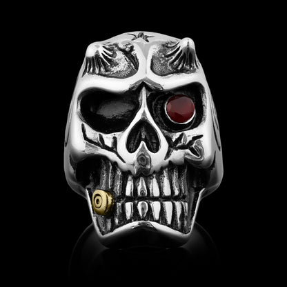 Stainless Steel Devil Skull & Red CZ Eye Smoking 18K Gold PVD Coated Cigar Ring