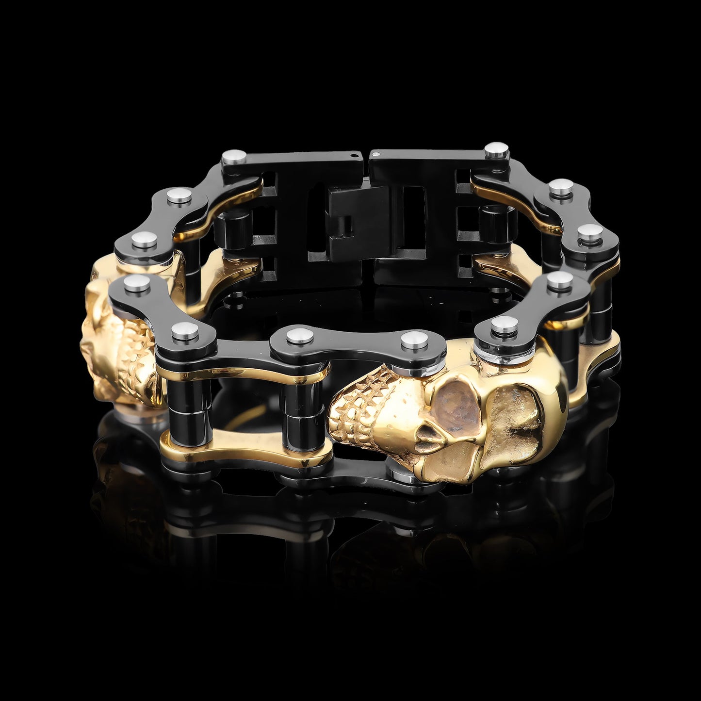 Black & Gold Stainless Steel Skull Bike Chain Bracelet